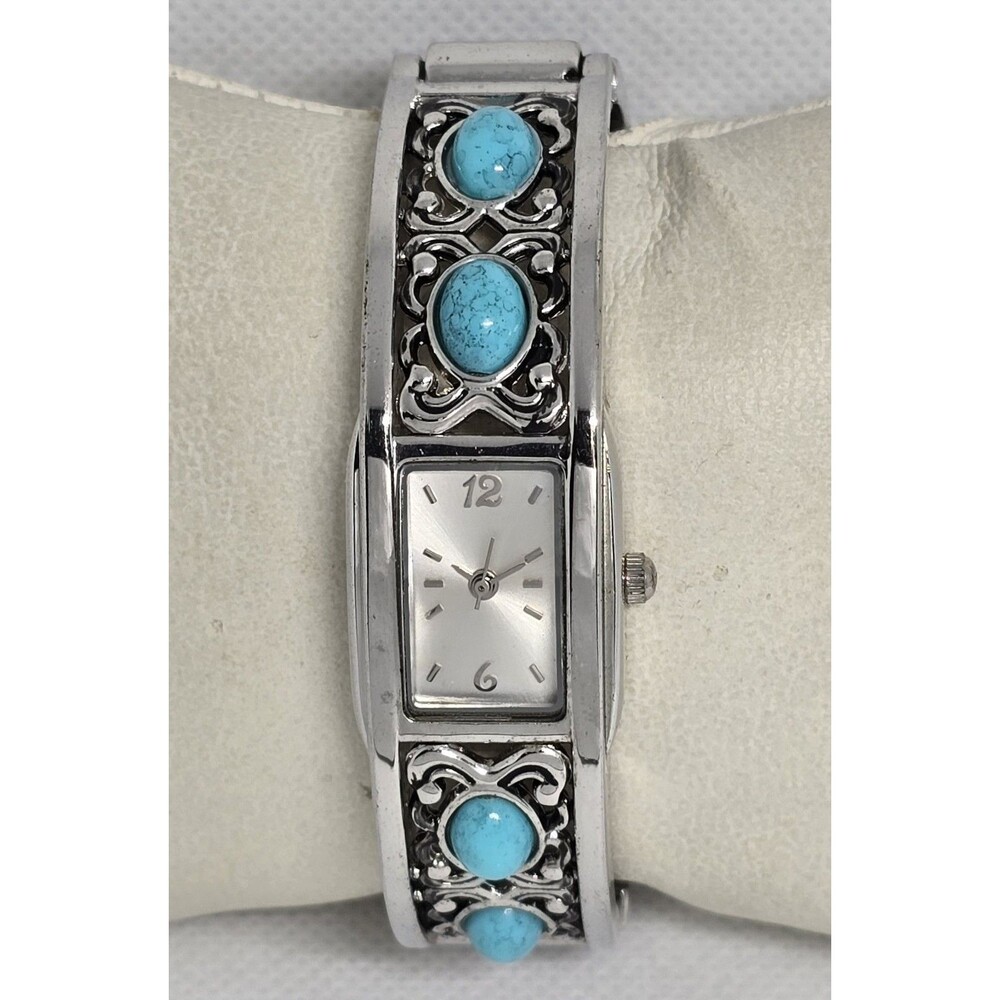 Women's Trendy Silver Tone Turquoise Beads Engraved Hinge Bangle Watch 13